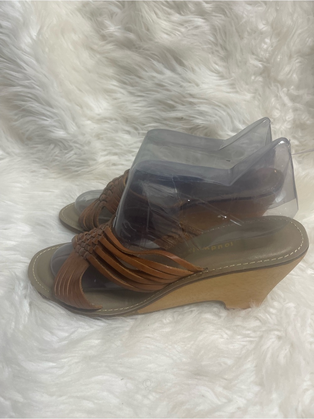 Cloud Walkers Isabel Woven Leather tan straps wooden Wedge Sandals SZ13W
